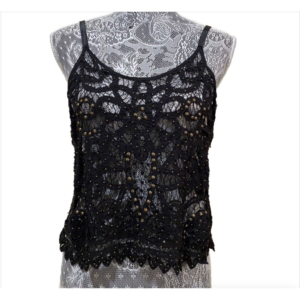 Free People Intimately Black Crochet Lace Cami Studded Tank Top Boho Festival S - Picture 5 of 15
